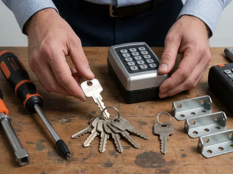 Professional hands handling master keys and a digital lock on a wooden worktable with mounting tools and screws.