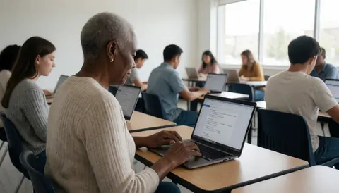 A wooden desk with a laptop, keyboard, and chair in a bright room with a window, representing digital education and online courses
