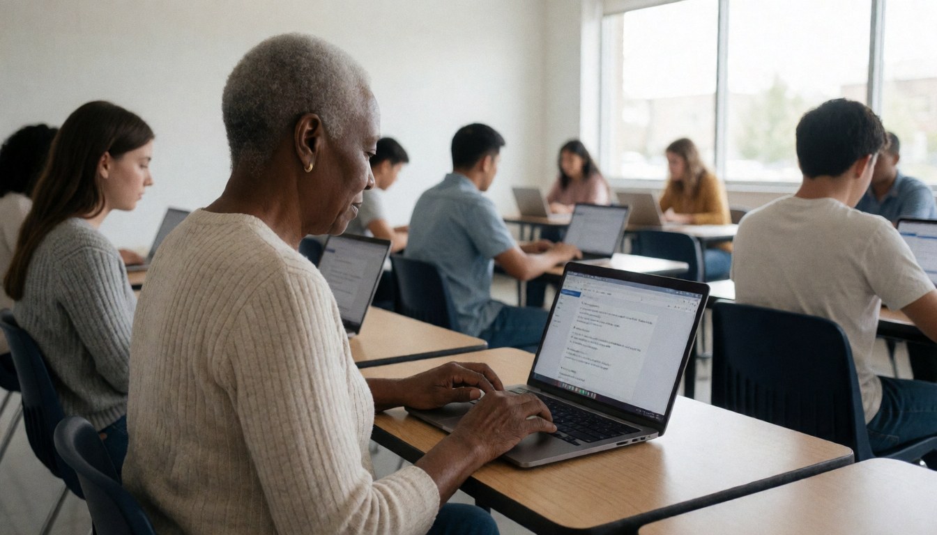 A wooden desk with a laptop, keyboard, and chair in a bright room with a window, representing digital education and online courses