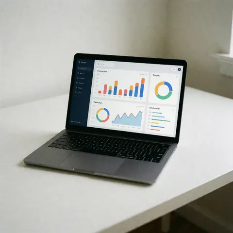 Modern laptop showing software dashboard with bar and pie charts on a minimalist white desk with soft professional lighting