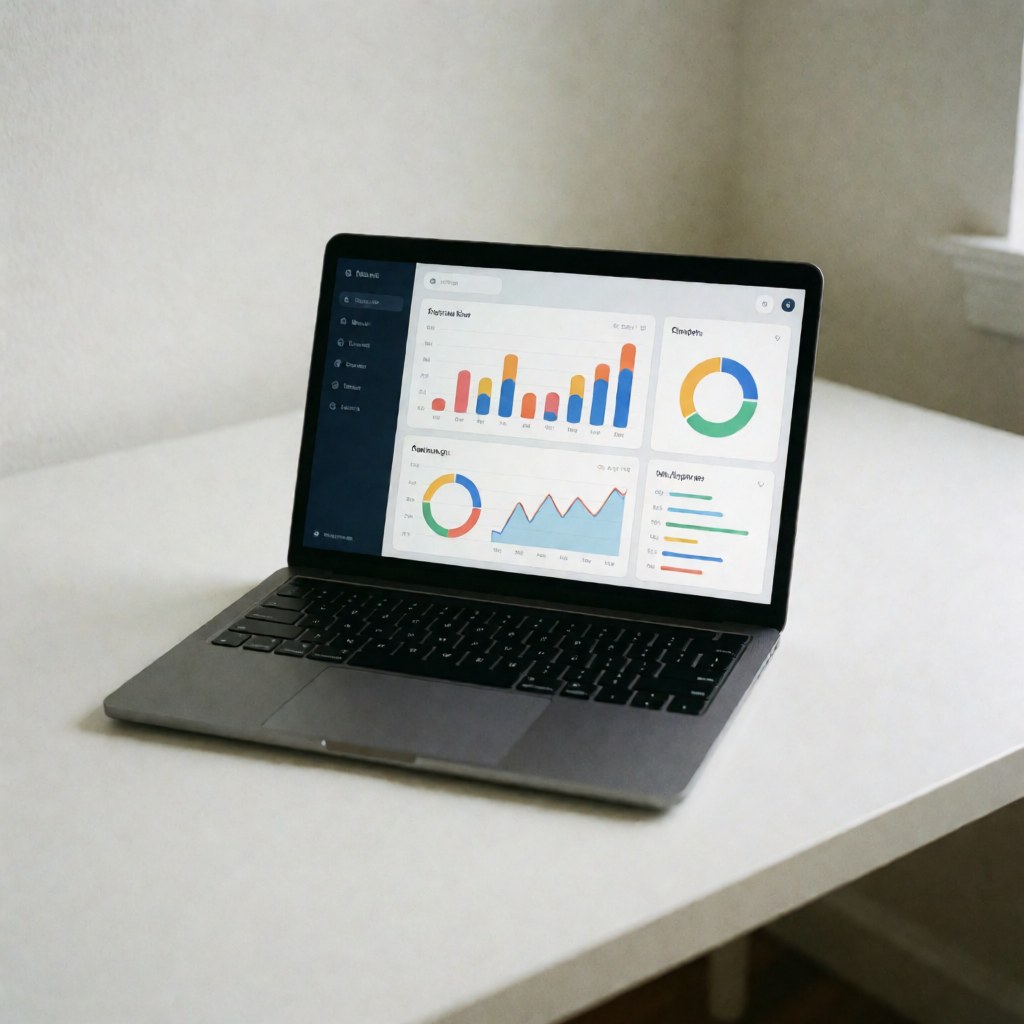 Modern laptop showing software dashboard with bar and pie charts on a minimalist white desk with soft professional lighting