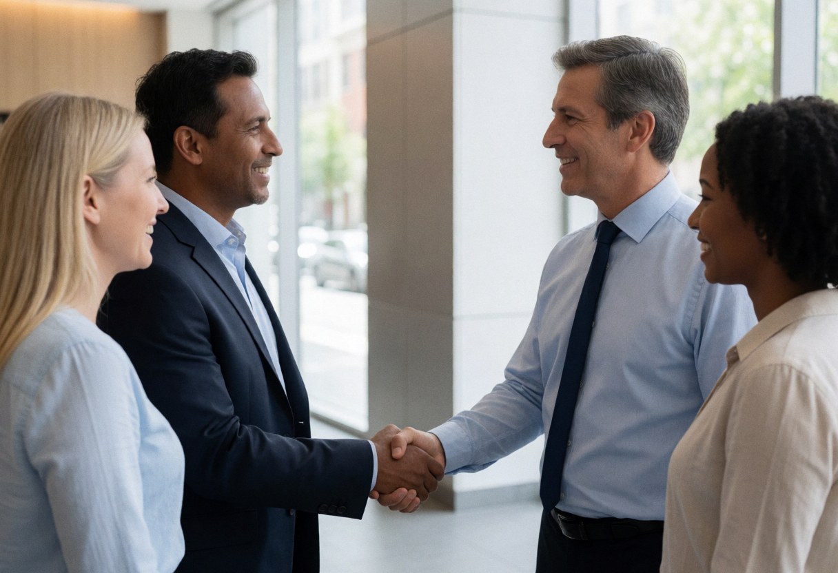 A coach and client shake hands in a modern lobby, smiling and dressed in professional attire with natural light and clean architecture in the background