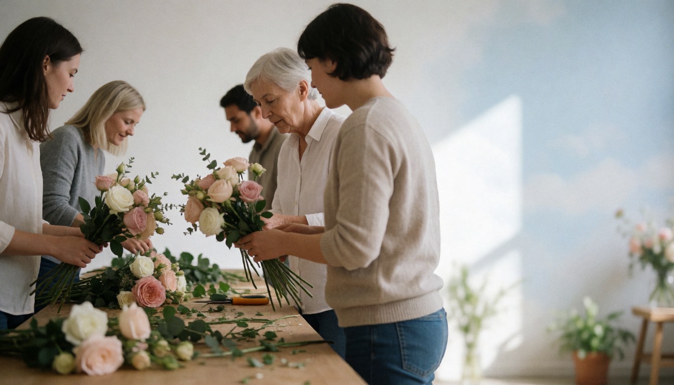 Wedding planning team arranging floral bouquets with roses and eucalyptus on a wooden table in a bright studio