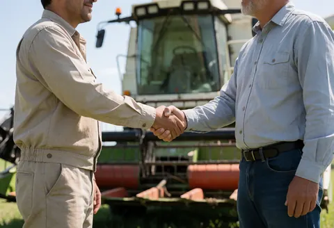 Two farmers in business attire shake hands in a field with agricultural machinery in the background, symbolizing a commercial agreement in the agriculture sector.