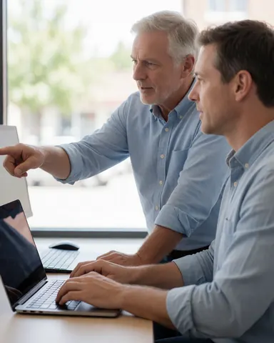 Two professional men working together at a desk in a bright office, using a laptop and discussing tasks in a collaborative educational environment.