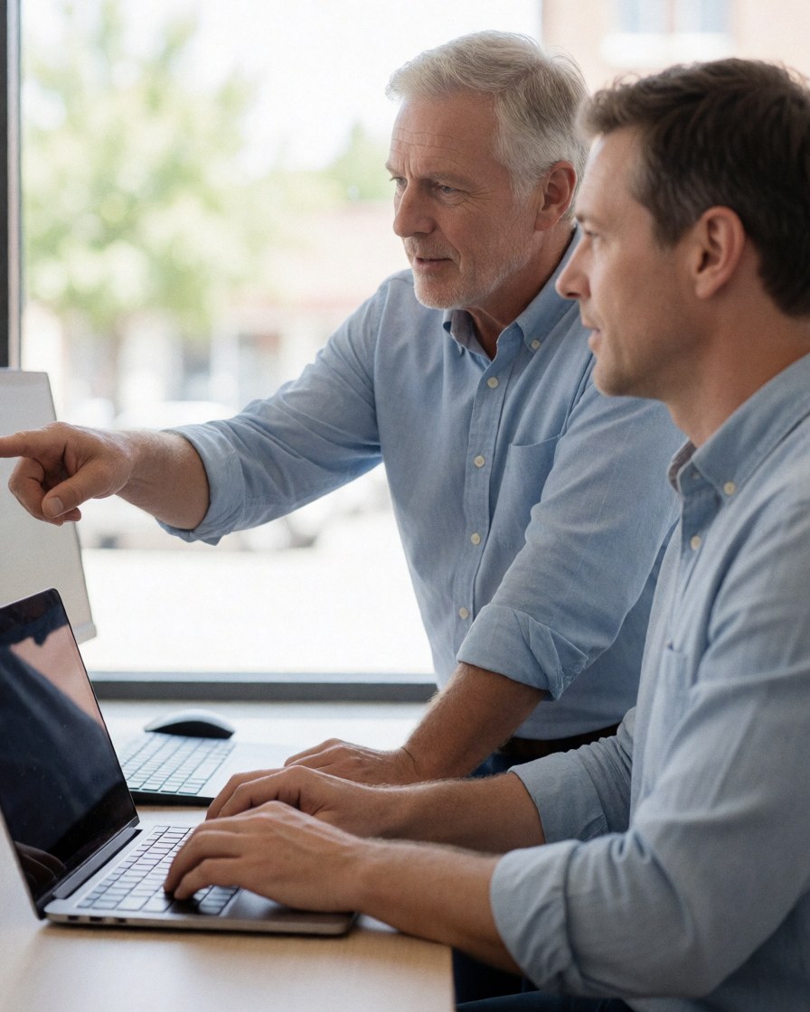 Two professional men working together at a desk in a bright office, using a laptop and discussing tasks in a collaborative educational environment.
