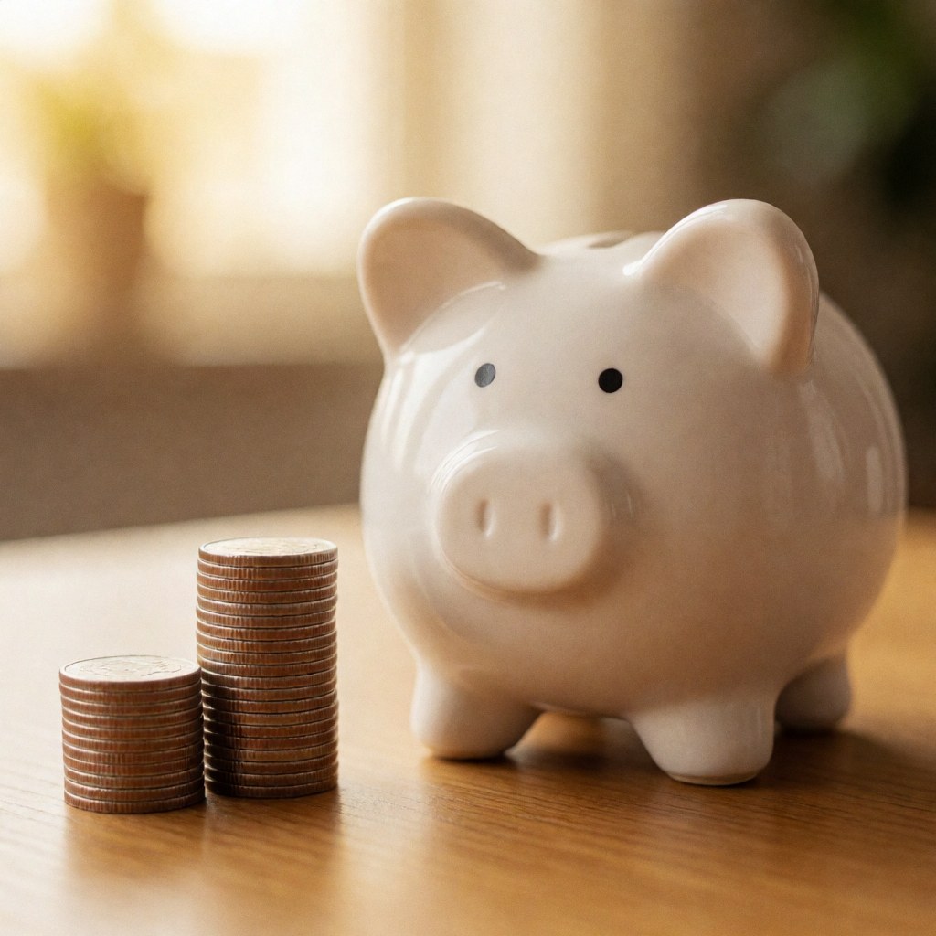 White ceramic piggy bank with stacked coins on wooden table, warm lighting and blurred background symbolizing savings and financial growth