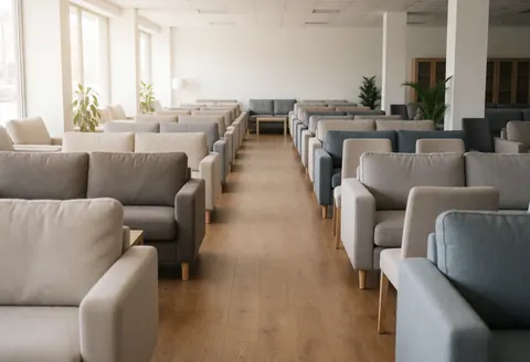 Rows of sofas and chairs displayed in a clean furniture showroom with wooden floors and natural light