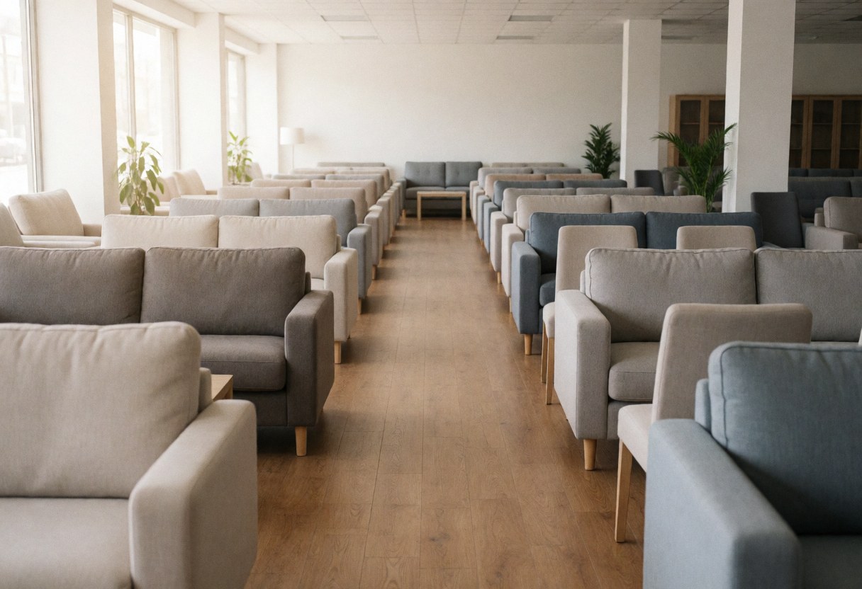 Rows of sofas and chairs displayed in a clean furniture showroom with wooden floors and natural light