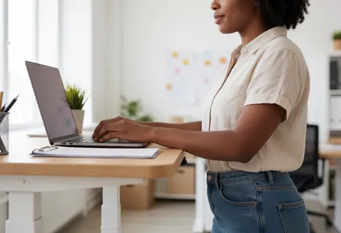 Woman standing at a modern desk working on a laptop with plants and natural light, wearing casual professional attire in a software development environment