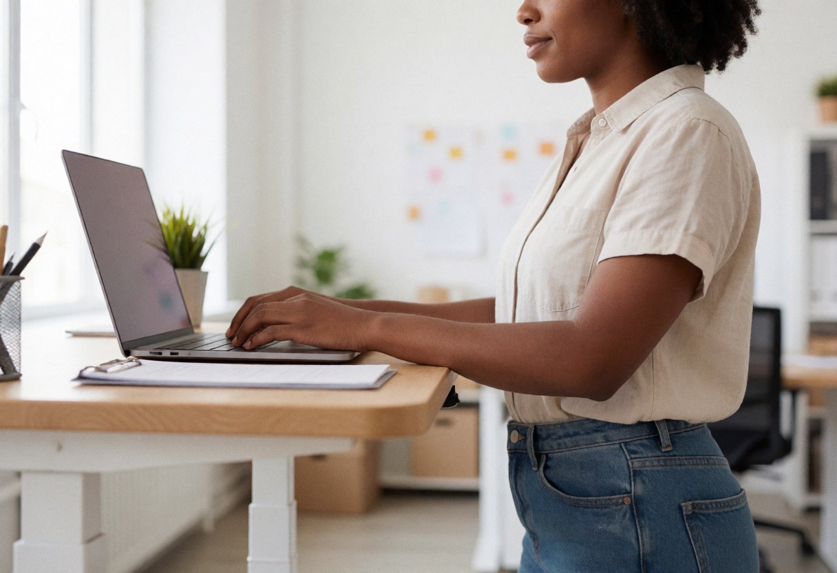Woman standing at a modern desk working on a laptop with plants and natural light, wearing casual professional attire in a software development environment