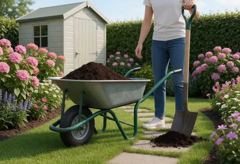 A gardener works in a garden with a wheelbarrow full of soil and a shovel, surrounded by pink flowers and a shed under daylight.