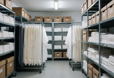 A tidy storage area filled with stacked boxes and neatly folded white linens for wedding events, featuring metal shelving and organized supplies.