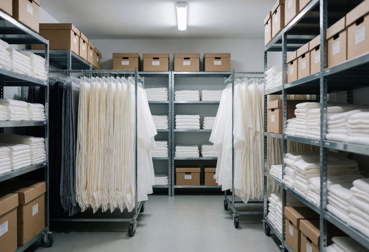 A tidy storage area filled with stacked boxes and neatly folded white linens for wedding events, featuring metal shelving and organized supplies.