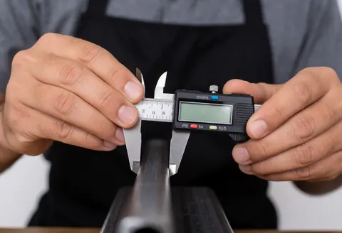 A professional worker in an apron measures the thickness of a metal pipe using a digital caliper in a workshop with visible tools and work lighting.