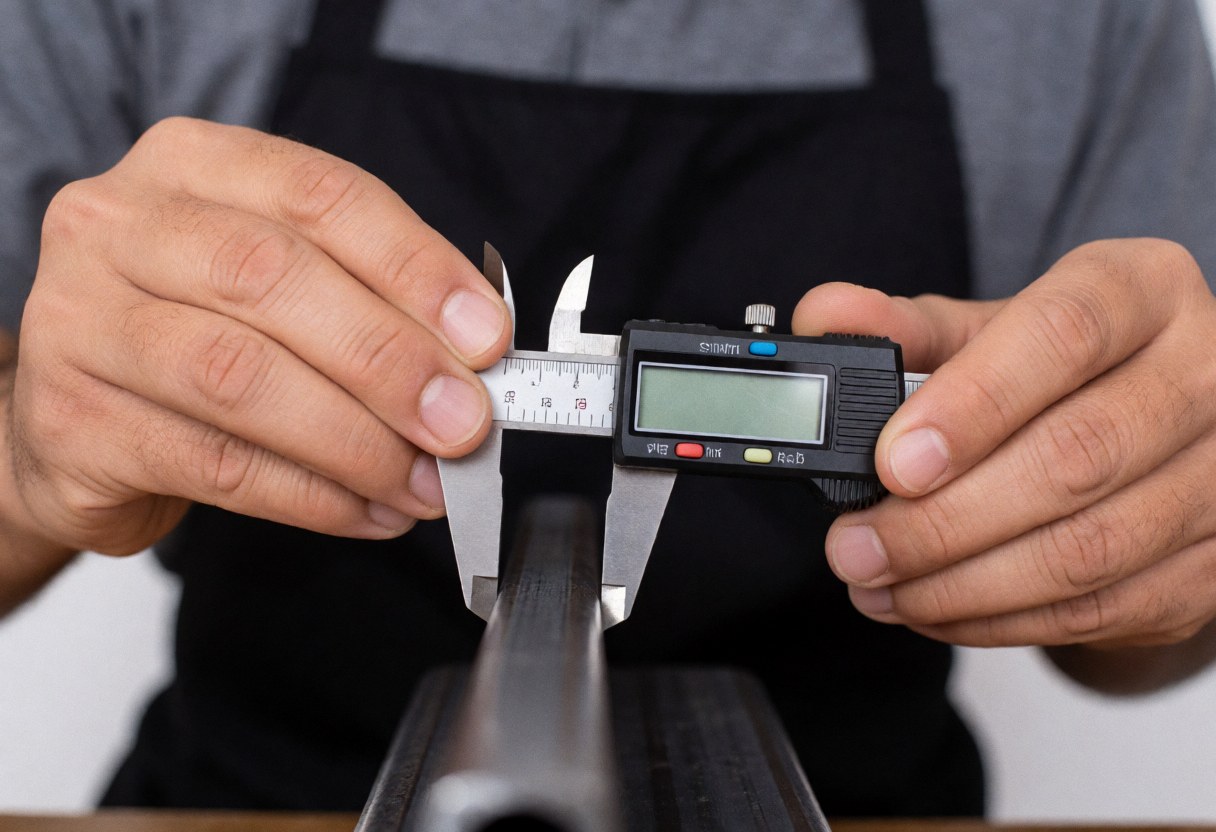 A professional worker in an apron measures the thickness of a metal pipe using a digital caliper in a workshop with visible tools and work lighting.