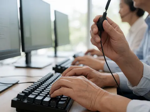 Adult hands typing on a black mechanical keyboard while holding a black headset in a modern office with computer monitors and natural lighting.