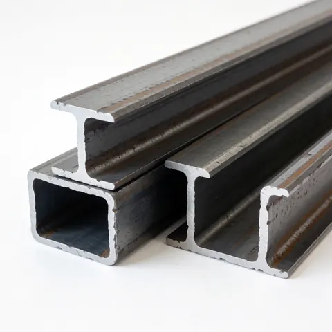 Textured structural steel beams on a white background, ideal for industrial and construction product displays
