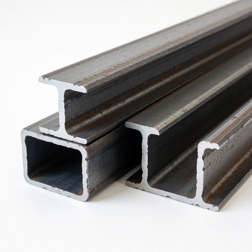Textured structural steel beams on a white background, ideal for industrial and construction product displays