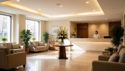 Spacious hotel lobby featuring an attentive receptionist, comfortable sofas, potted plants, and a large floral arrangement on a polished floor with natural light.