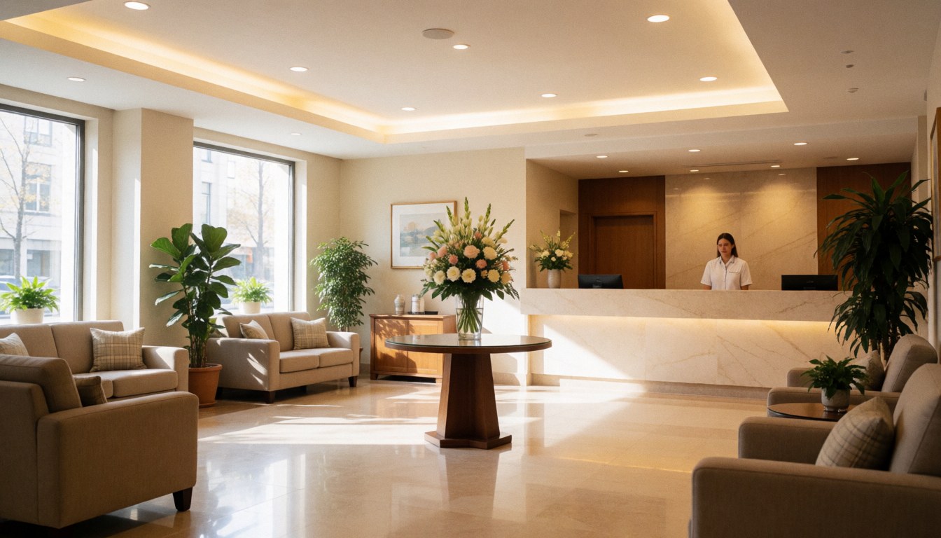 Spacious hotel lobby featuring an attentive receptionist, comfortable sofas, potted plants, and a large floral arrangement on a polished floor with natural light.