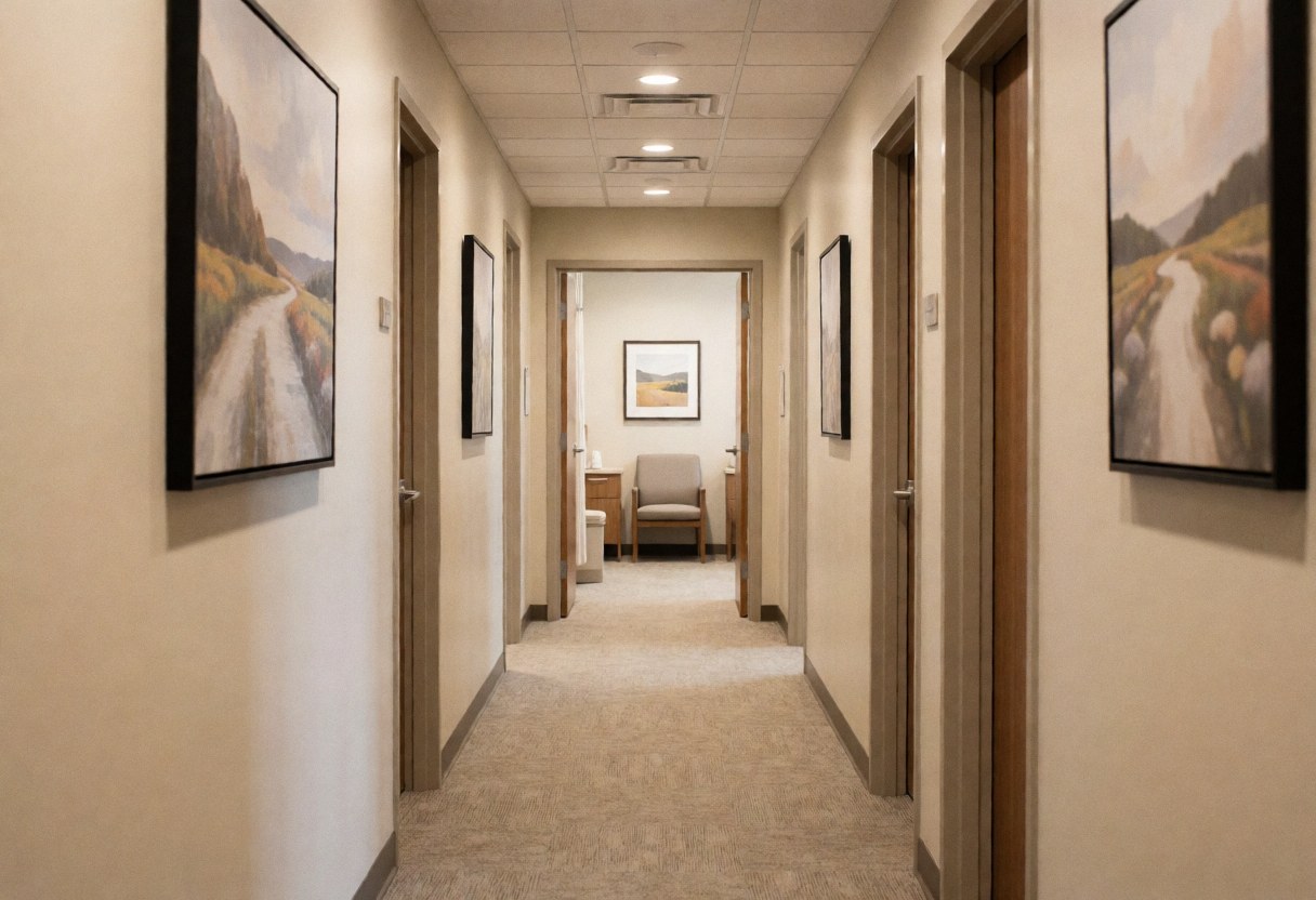 A quiet spa corridor featuring framed wall art, beige waiting chairs, and treatment room doors with warm lighting and wooden accents.