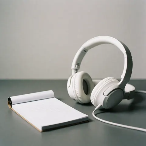 White headphones and an open notebook resting on a gray desk with soft lighting, suitable for customer service or remote work contexts.