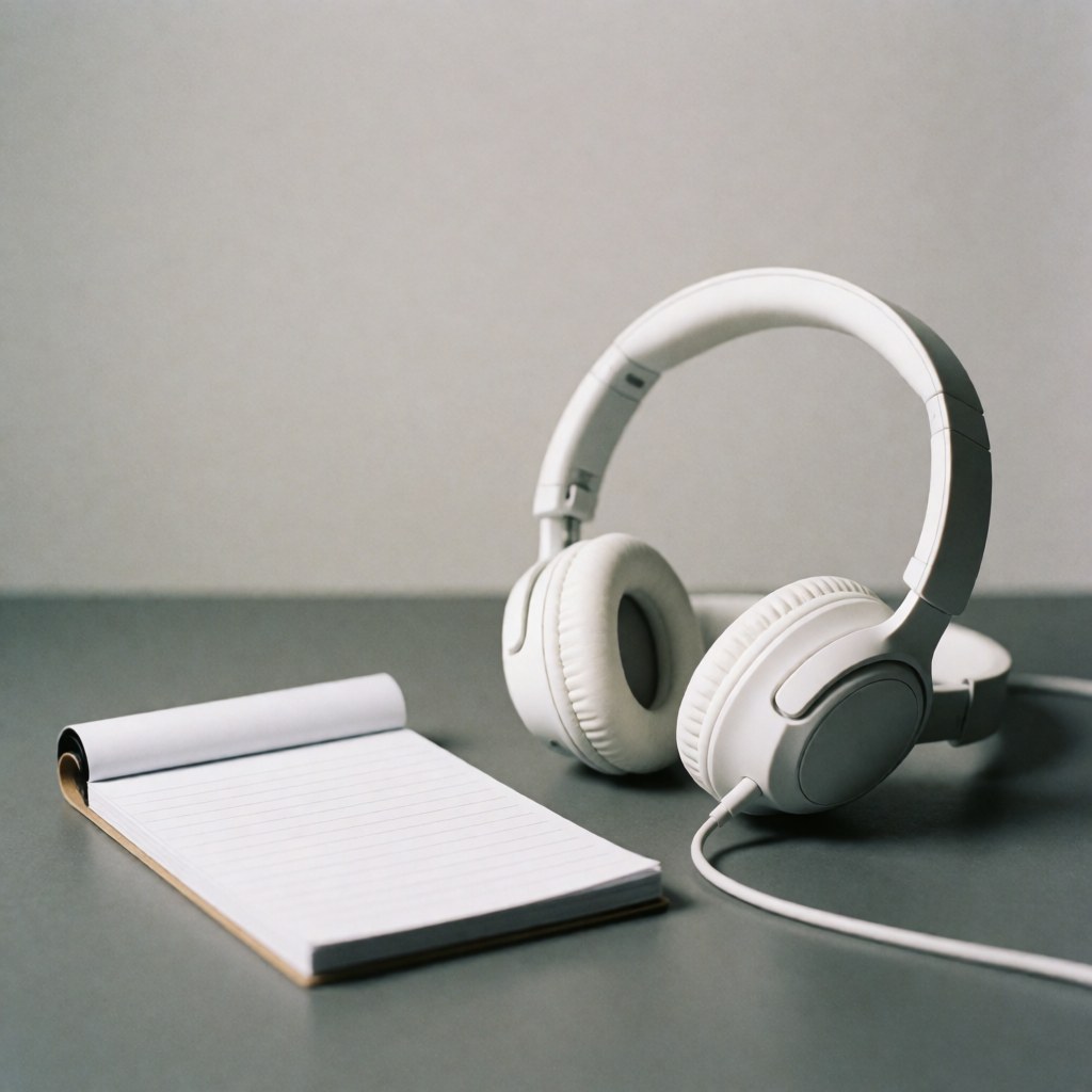 White headphones and an open notebook resting on a gray desk with soft lighting, suitable for customer service or remote work contexts.