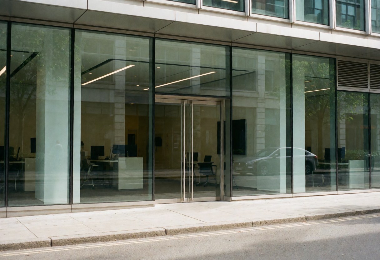 Bright modern office entrance featuring large glass doors and a sleek reception desk inside a contemporary workspace