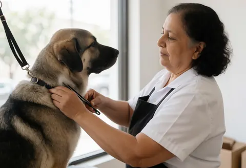 A professional groomer using scissors to trim the fur of a large dog during a grooming session
