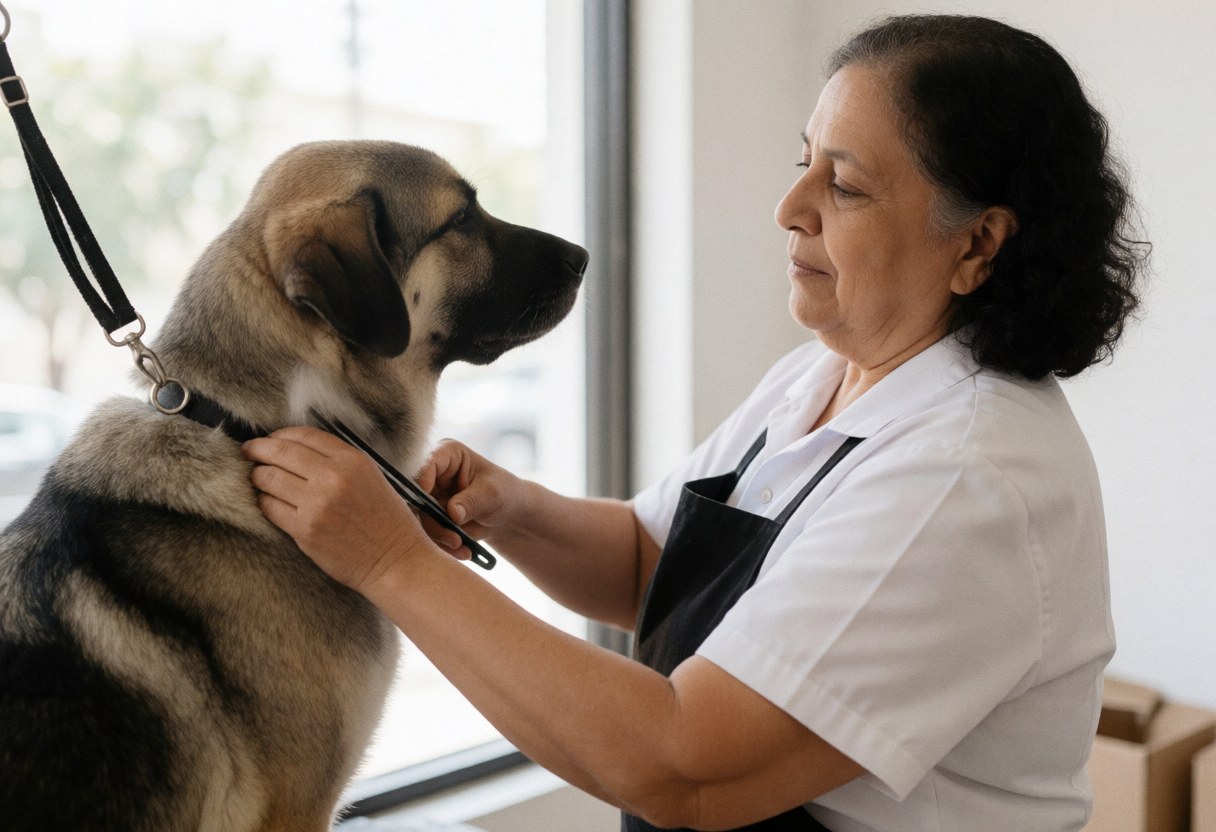 A professional groomer using scissors to trim the fur of a large dog during a grooming session