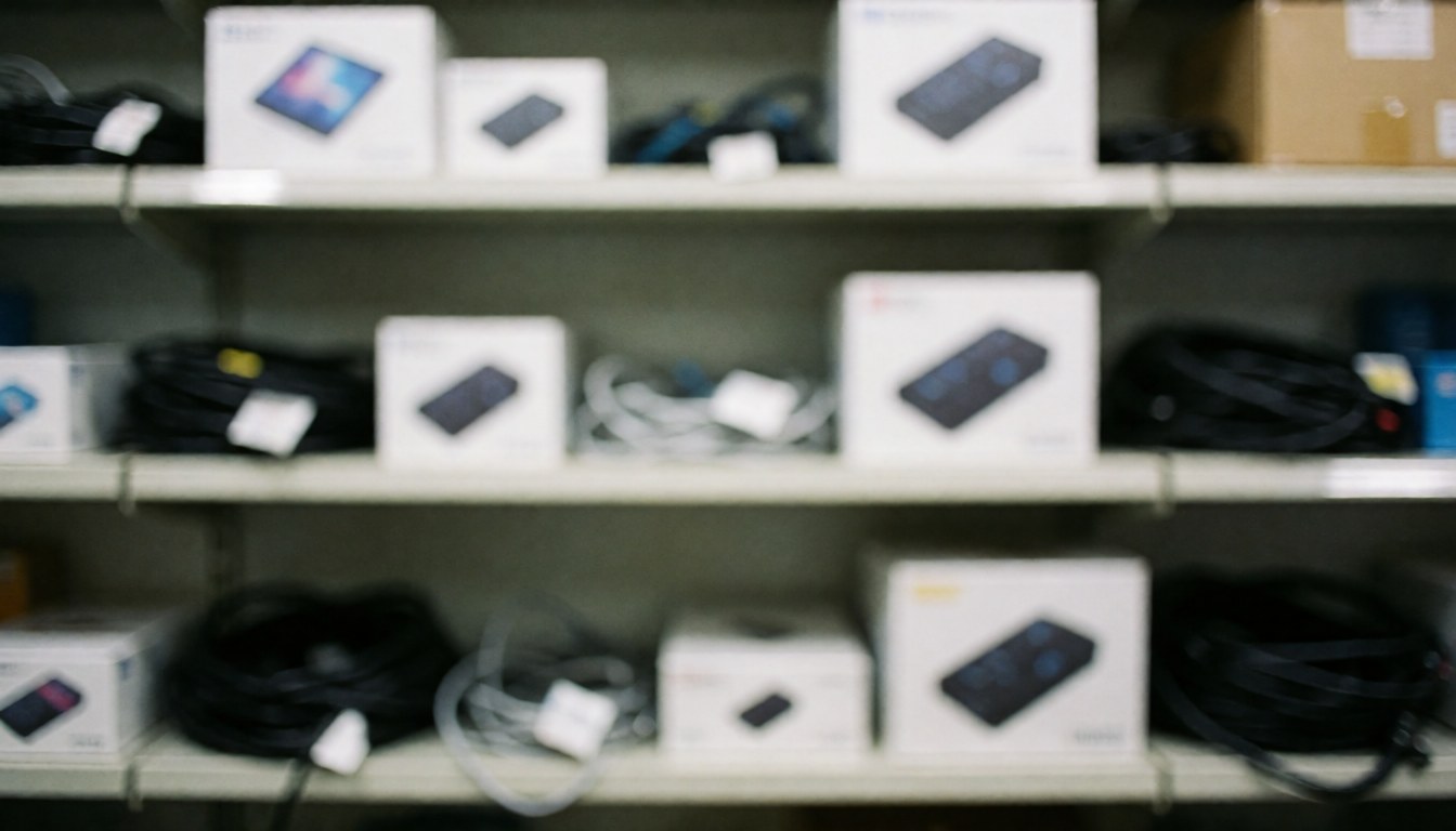Blurred background of a technology warehouse featuring shelves, boxes, and cables, suitable for professional text overlays and business content.