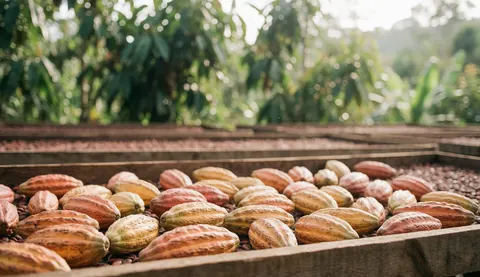 Wooden crates containing cacao beans with blurred green foliage in the background and natural lighting, suitable for text overlay