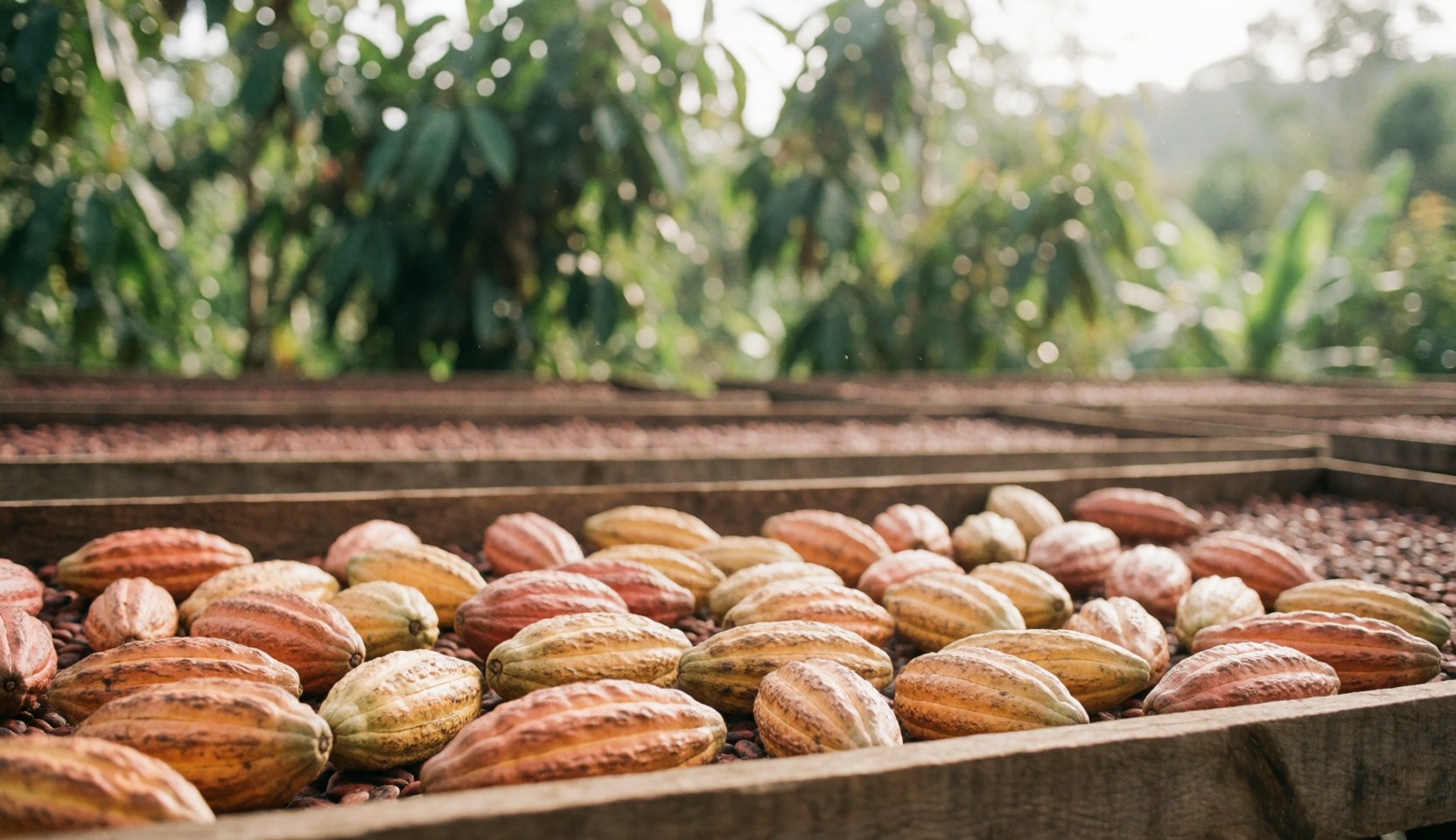 Wooden crates containing cacao beans with blurred green foliage in the background and natural lighting, suitable for text overlay