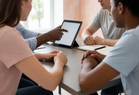 Teacher pointing at a tablet during a tutoring session with students, notebook and pencil on a table against a terracotta wall with natural light
