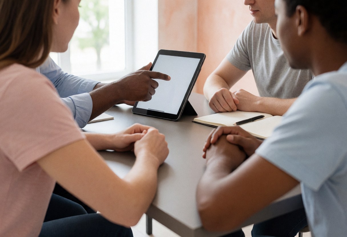 Teacher pointing at a tablet during a tutoring session with students, notebook and pencil on a table against a terracotta wall with natural light