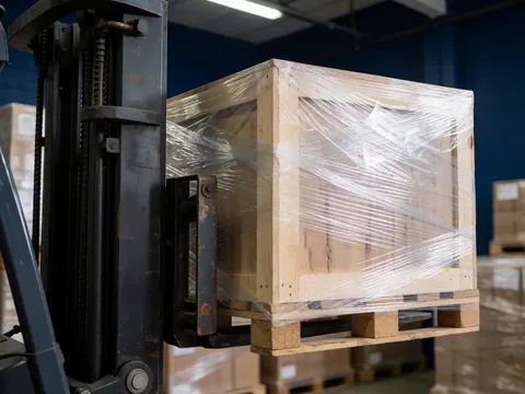 Industrial forklift lifting a plastic-wrapped wooden crate in a warehouse with blue walls and cool lighting