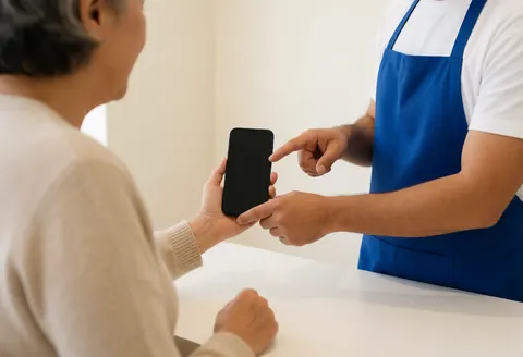 A technician at a counter helps an older client configure a new smartphone, pointing to the screen to demonstrate features during a service interaction.