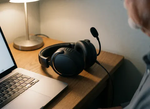 Black headphones with microphone rest on a wooden desk next to a laptop under warm lamp light, ready for therapy sessions or remote work.