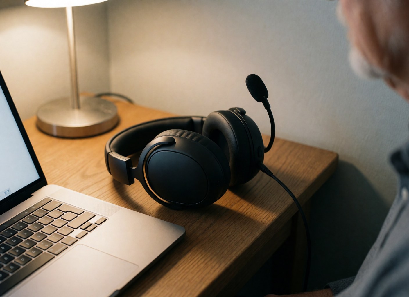 Black headphones with microphone rest on a wooden desk next to a laptop under warm lamp light, ready for therapy sessions or remote work.