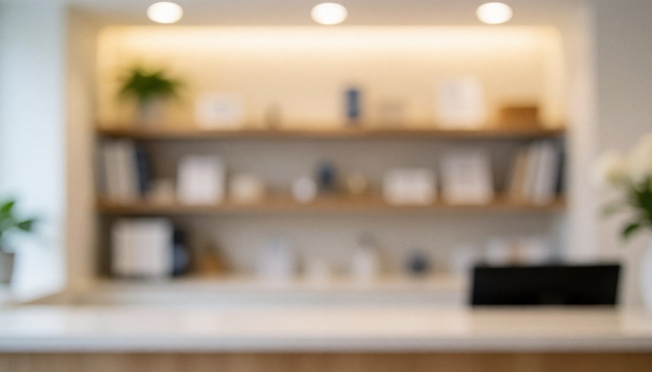 Blurred insurance reception background with shelves, warm ambient lighting, ideal for text and design