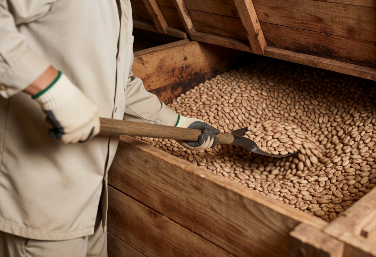 Worker wearing gloves turning cacao beans in a wooden fermentation box under natural light in a rural setting.