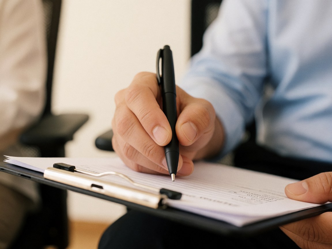 Close-up of a hand holding a pen and writing notes on a clipboard during a business evaluation or training session.