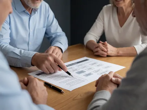 A hand points to a flowchart on a wooden table during a professional meeting with four colleagues seated around it.