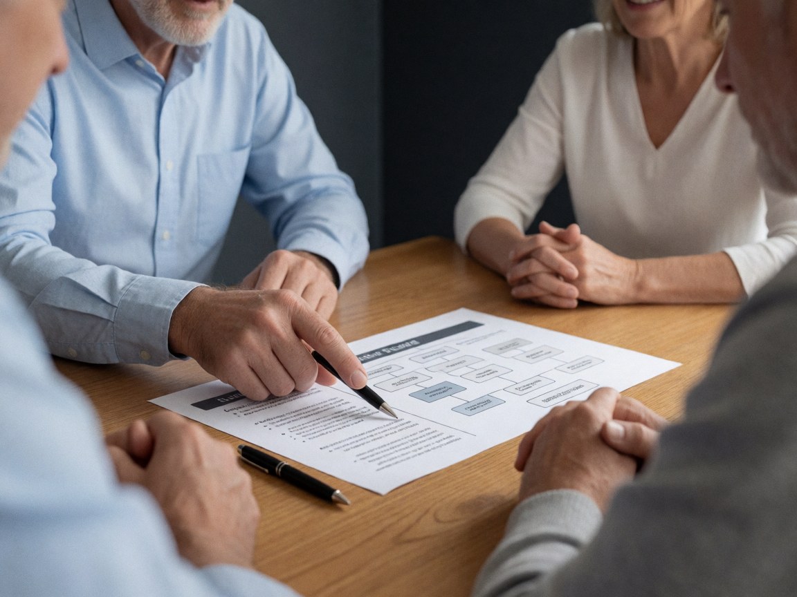 A hand points to a flowchart on a wooden table during a professional meeting with four colleagues seated around it.