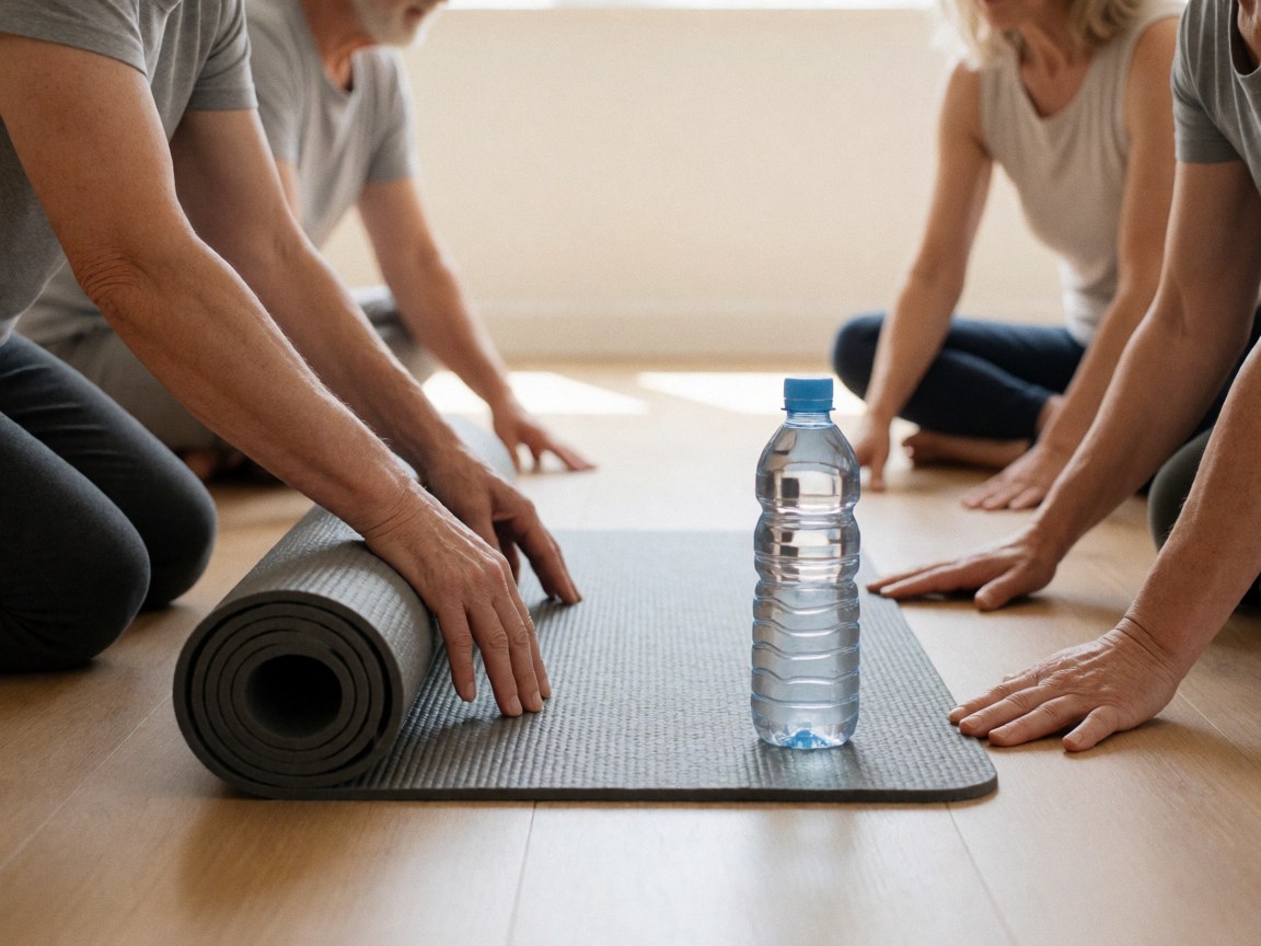 Hands rolling a gray yoga mat on light wood flooring with a water bottle nearby, preparing for mindfulness or fitness training in a calm indoor setting.