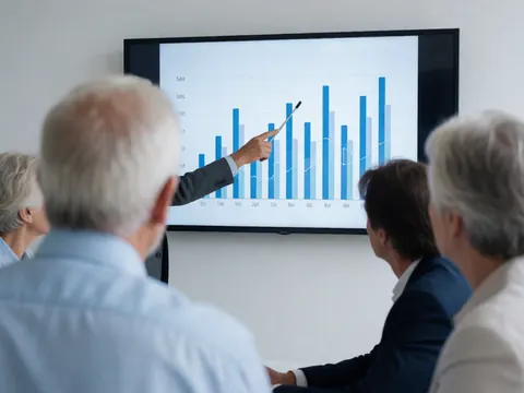 Hand using a pointer to indicate a bar graph on a large screen in a professional corporate meeting room with white walls.