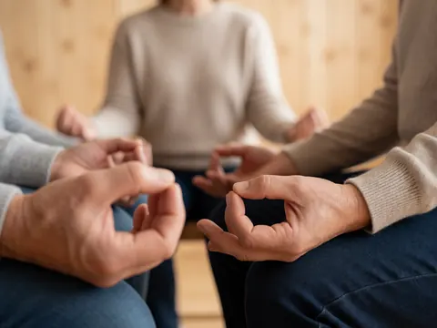 Close-up of hands in a mudra gesture during a group meditation session, with blurred wooden walls creating a calm atmosphere for training or presentations.