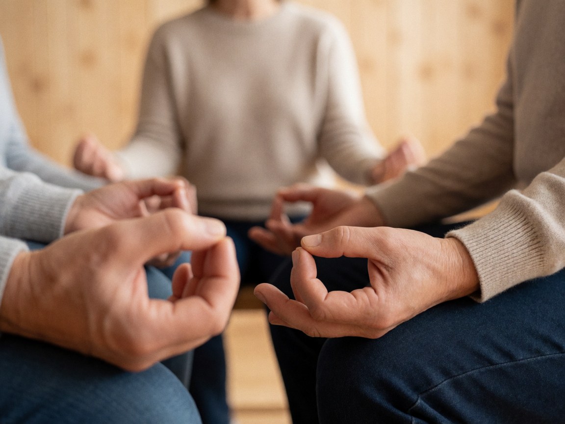 Close-up of hands in a mudra gesture during a group meditation session, with blurred wooden walls creating a calm atmosphere for training or presentations.