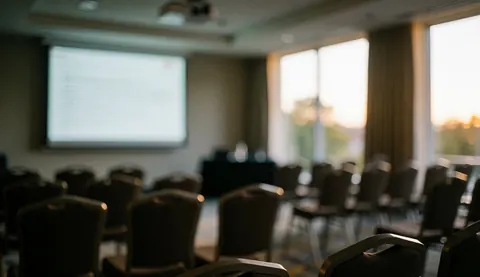Empty conference room with rows of chairs, a projection screen, and warm natural light from windows, ideal for corporate presentations and training sessions.